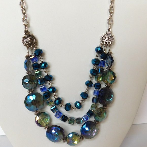 Strand Blue Swarovski Crystal Glass  Bead Necklace Adjusts Chain - Picture 2 of 6